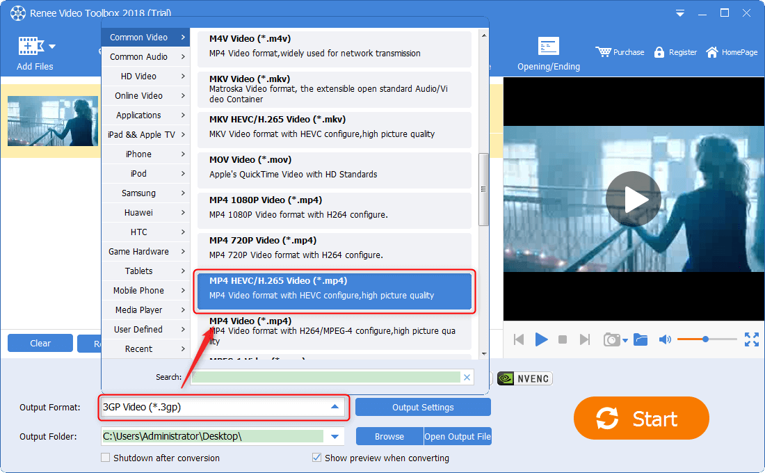 selezionare il formato di uscita target mp4