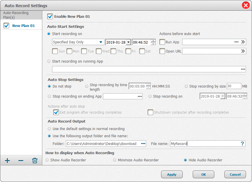 piano di registrazione auto