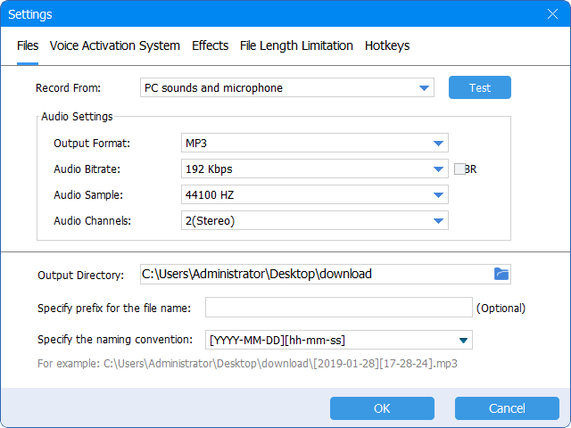 impostazioni di Renee Audio Recorder