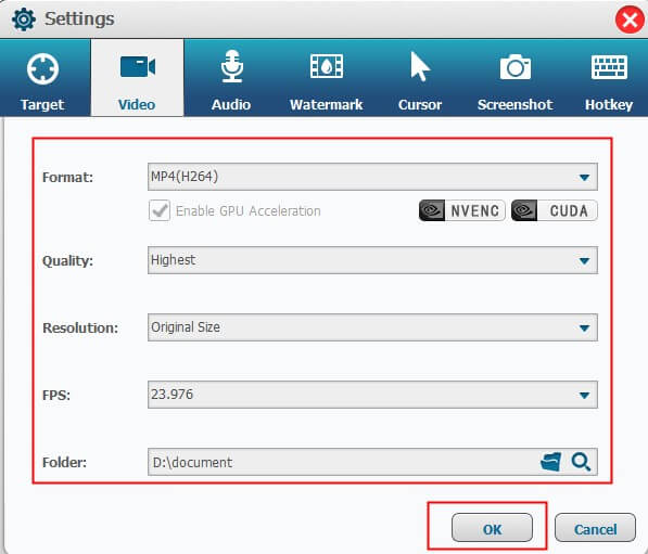 configurazioni di registrazione dello schermo