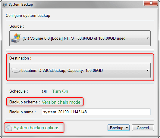 selezionare la destinazione di backup per eseguire il backup dei dati