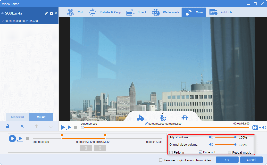 regolare l'effetto della musica di sottofondo in renee video editor pro