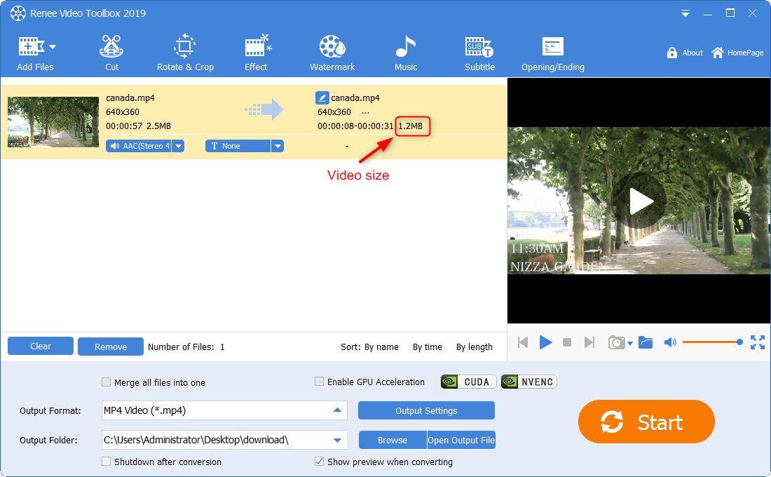 controllare le dimensioni del video