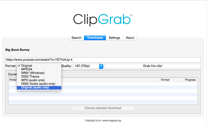 selezionare il formato mp3 in clipgrab