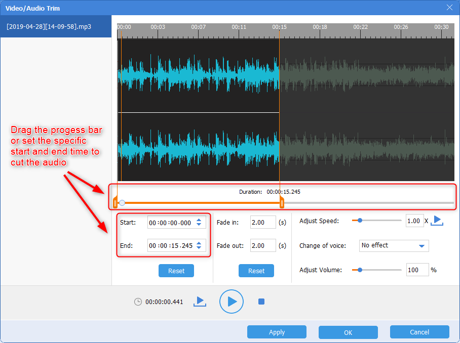 tagliare l'audio con gli strumenti audio di renee