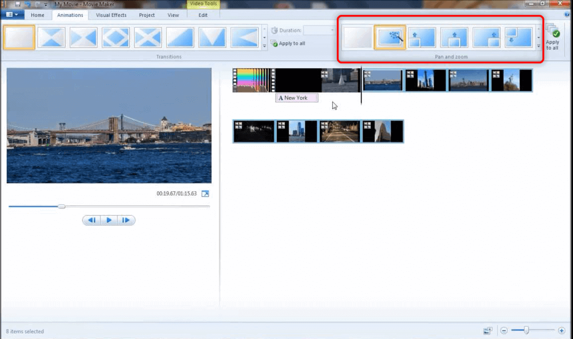 utilizzare la funzione di panoramica e zoom in windows movie maker per ingrandire il video