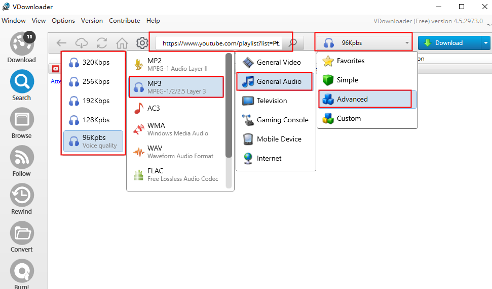 selezionare il formato e la qualità del download