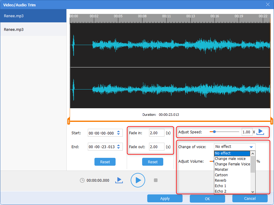 taglierina audio renee regolare la velocità e il volume