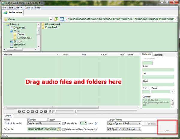 trascinare i file audio in mp3 joiner