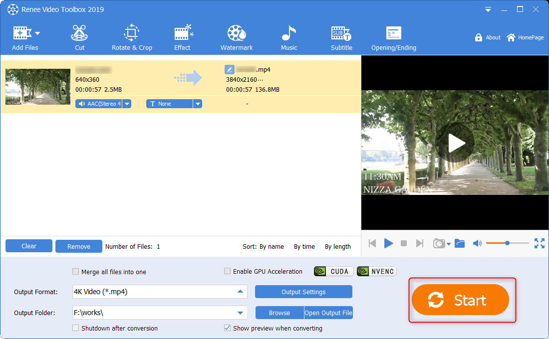 fare clic su start per salvare il video in renee video editor pro