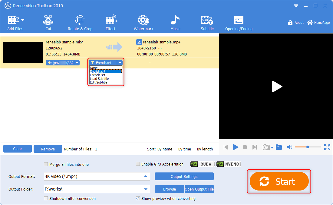 selezionare il sottotitolo del video in renee video editor pro