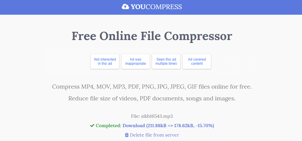 terminare la compressione del file audio in youcompressor