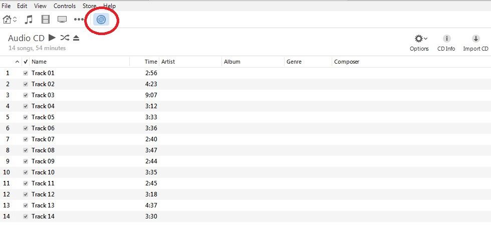 fare clic sul pulsante per importare il cd in iTunes per importare