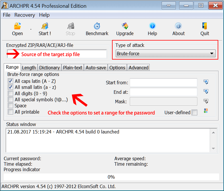 impostare un intervallo su archpr per decifrare la password