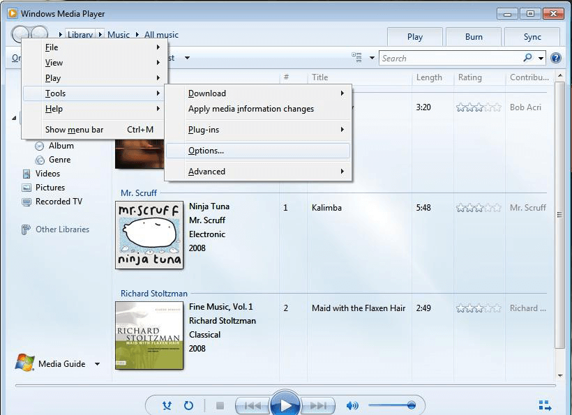 selezionare le opzioni di windows media player in strumenti