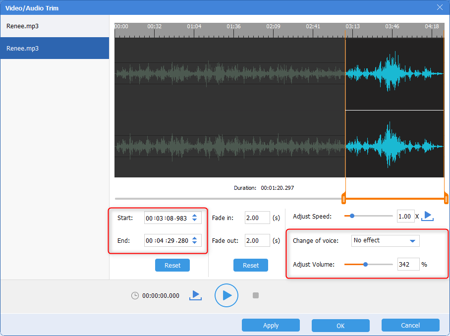 cambiare la voce audio o regolare il volume per tagliare negli strumenti audio di Renee