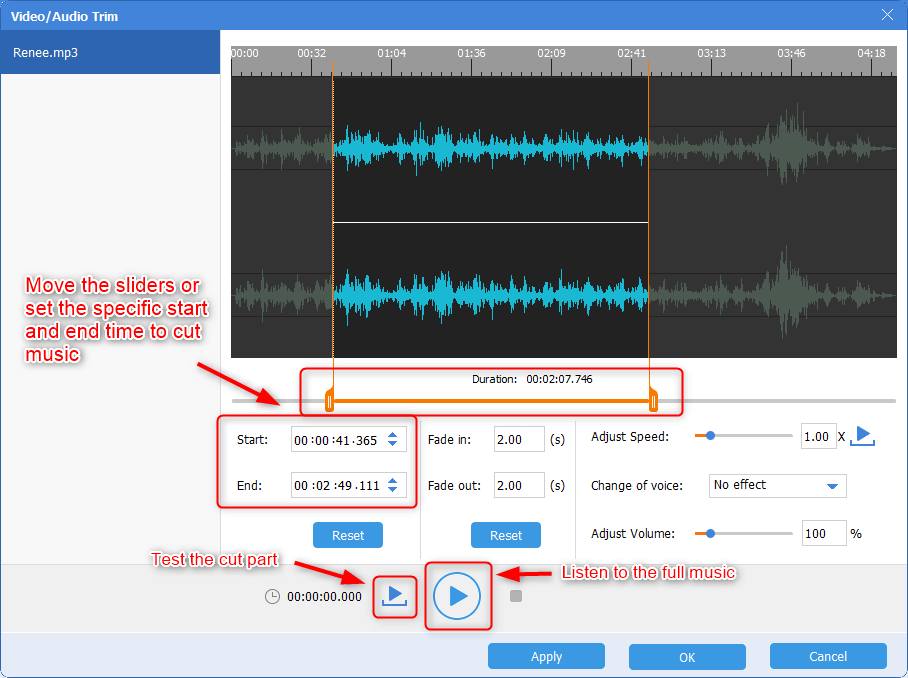 tagliare e testare la musica tagliata in renee audio tools