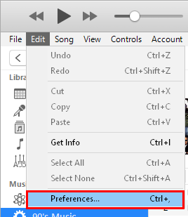 fare clic su file e selezionare le preferenze in itunes