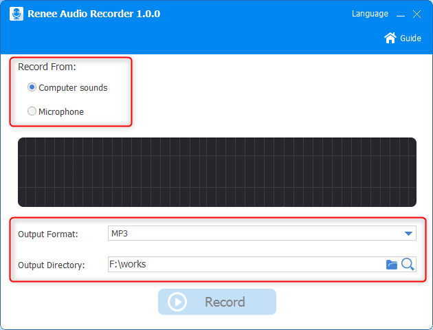 impostare il formato di uscita registrare la sorgente e la cartella negli strumenti audio di renee