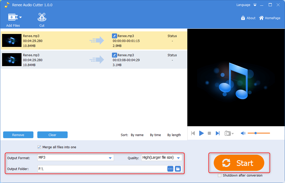 selezionare il formato di uscita e la cartella e salvare in renee audio cutter