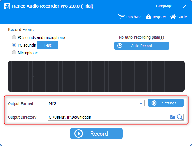 selezionare il formato di uscita e la directory di uscita in renee audio recorder pro