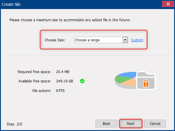 selezionare un intervallo di dimensioni per il disco virtuale in renee secure silo