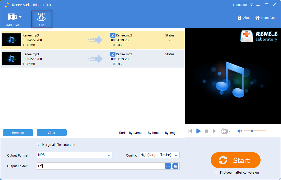 selezionare per tagliare i file audio in renee audio joiner