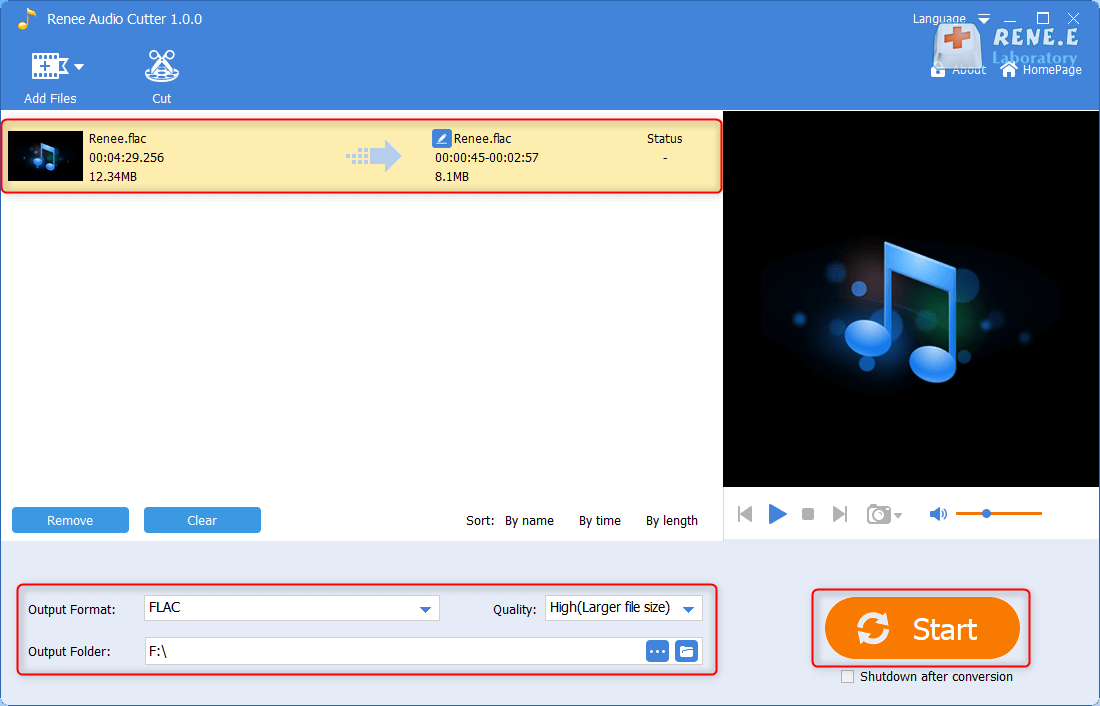 iniziare a produrre e salvare il file flac tagliato in renee audio cutter youtube to flac free online converter