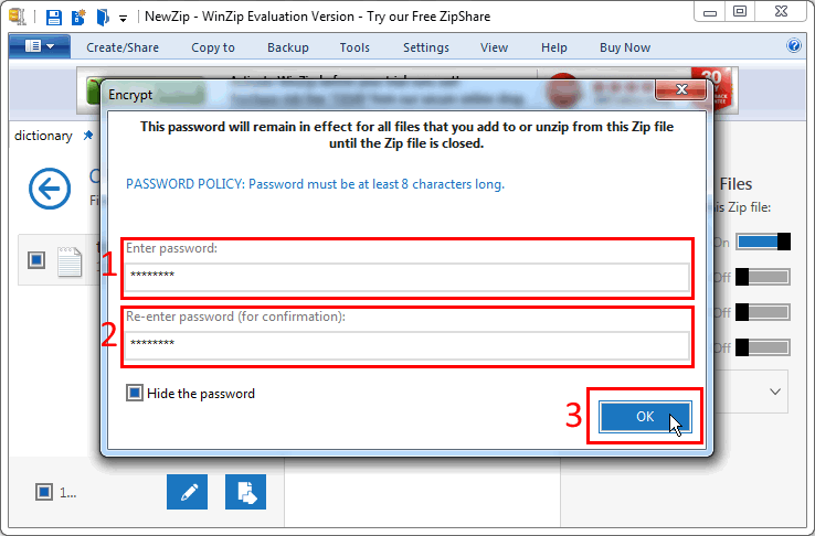 comprimere il file e impostare la password in winzip