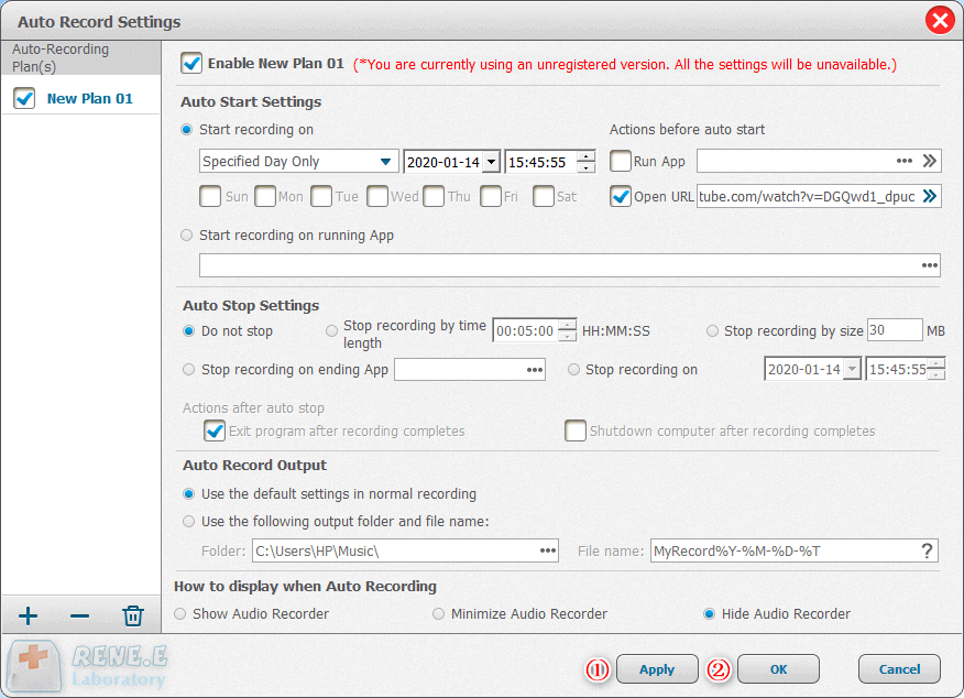 abilita il piano di registrazione automatica in renee audio recorder pro per registrare voa