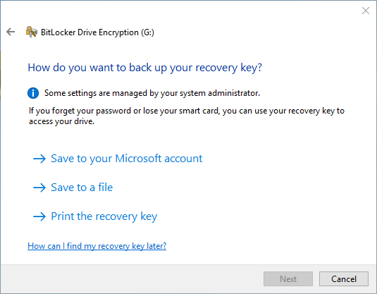 salvare la chiave di recupero di bitlocker in altri luoghi