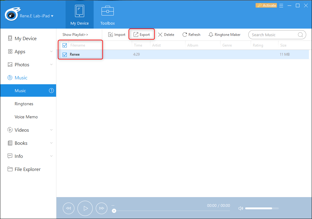 Selezionate la musica di destinazione da trasferire dall'ipad al computer con itools