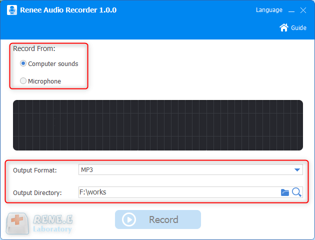 selezionare i suoni del computer e il formato di uscita in renee audio recorder