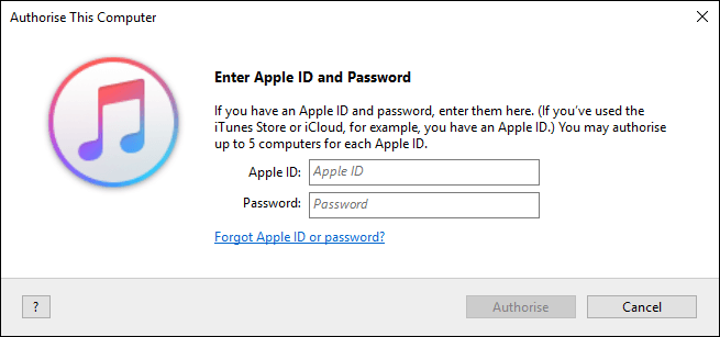 Inserire l'id e la password di apple per autorizzare itunes