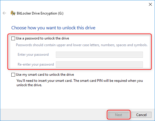 impostare una password quando si attiva bitlocker