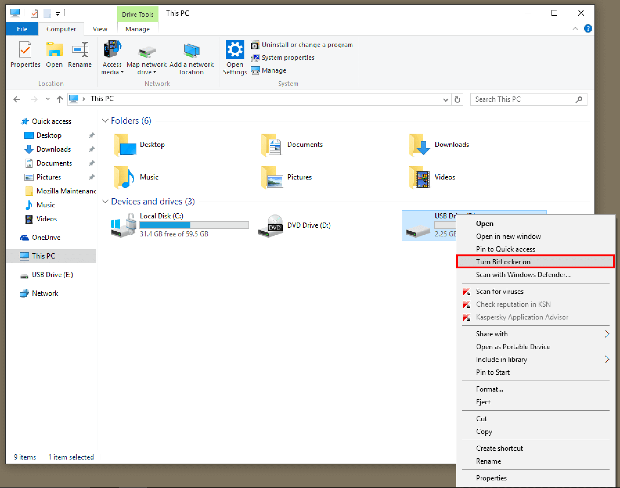 fare clic con il tasto destro del mouse sull'unità USB di destinazione e selezionare l'attivazione di bitlocker per la crittografia.