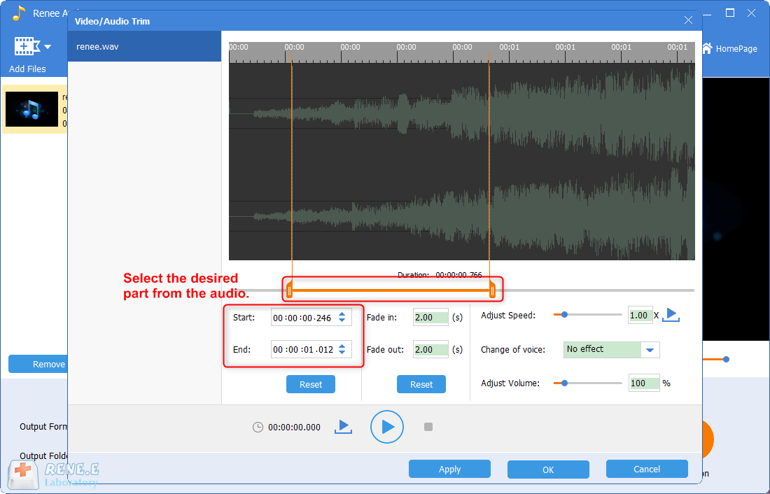 selezionare la parte tagliata dall'audio WAV