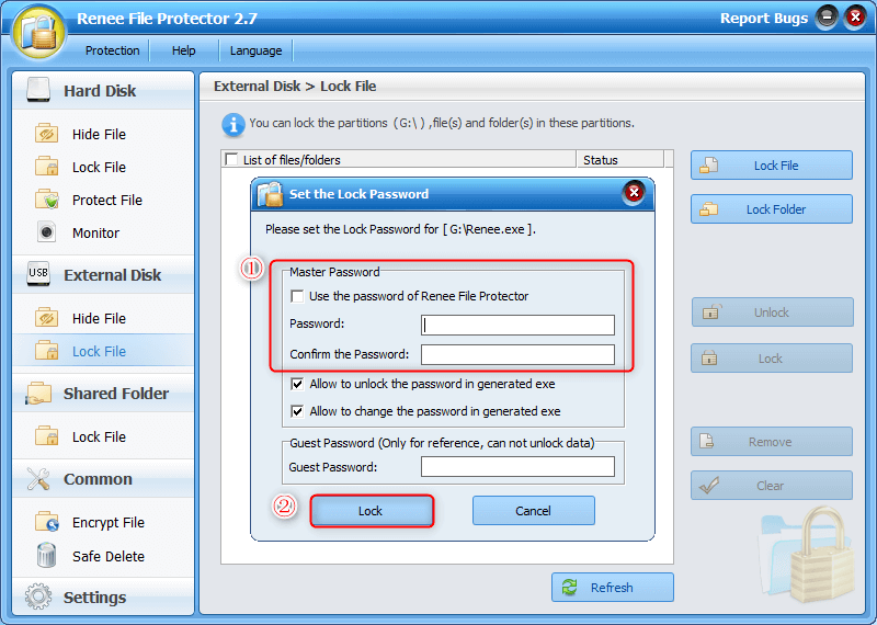 impostare una password per bloccare il file usb in renee file protector