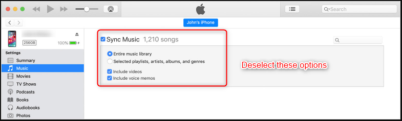 deselezionare la sincronizzazione della musica in itunes