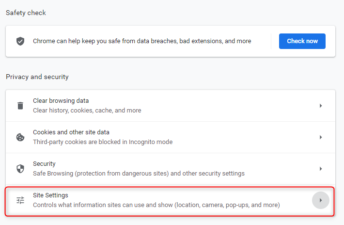 accedere alle impostazioni del sito in chrome