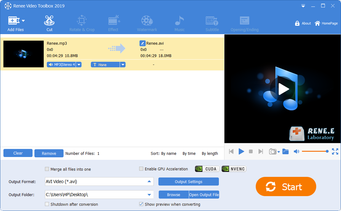 convertire mp3 in avi con renee video editor pro